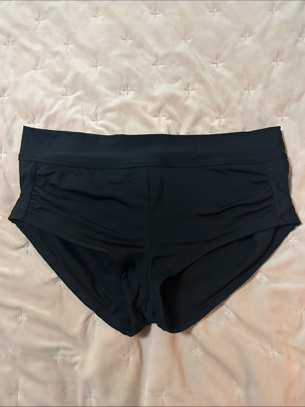 Kona Sol Black Seamless Mid-Rise Brief Swim Bottom with Side Ruching